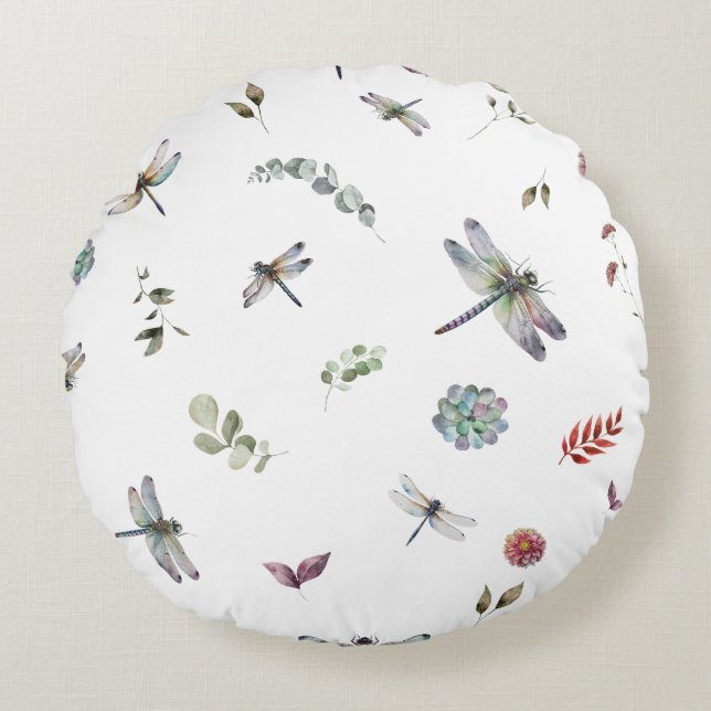Botanical Floral Greenery Watercolor Pattern Round Cushion (Front)