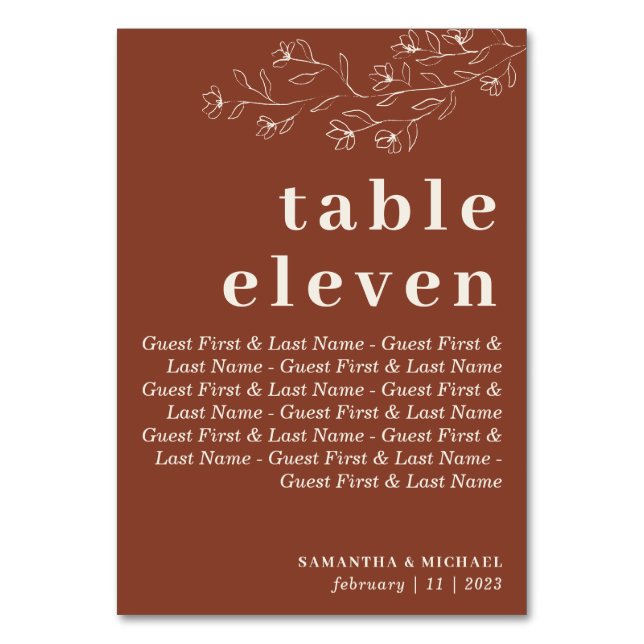 Botanical Floral guests Terracotta Indie Seat Table Number (Front)