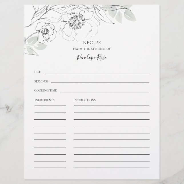 Botanical Floral Illustration Name Recipe Card (Front)