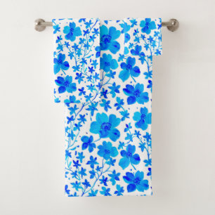 Botanical Floral in Deep Blue and White Bath Towel Set