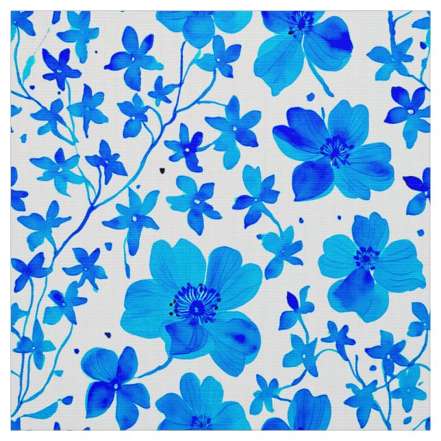 Botanical Floral in Deep Blue and White  Fabric (Swatch)