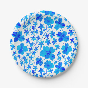 Botanical Floral in Deep Blue and White Paper Plate