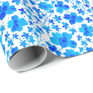 Botanical Floral in Deep Blue and White Wrapping Paper