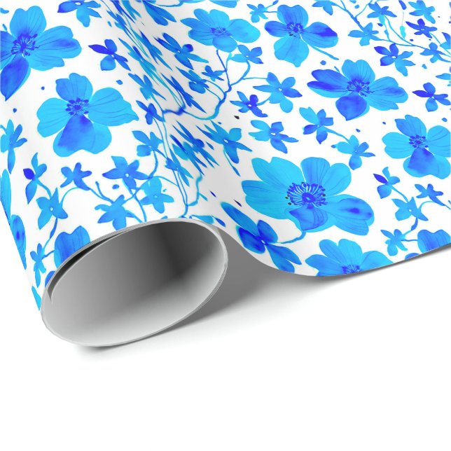 Botanical Floral in Deep Blue and White  Wrapping Paper (Roll Corner)