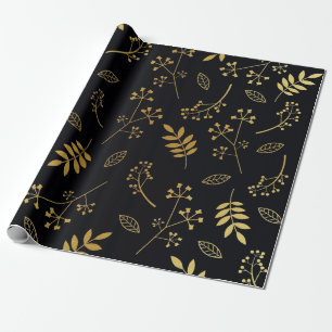 Botanical Floral Leaves Faux Gold Foil Black Wrapping Paper