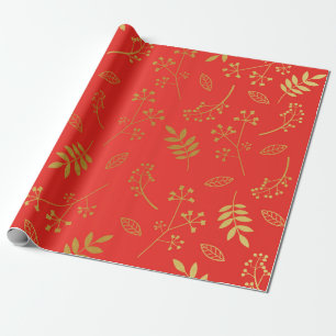 Botanical Floral Leaves Faux Gold Foil Holiday Red Wrapping Paper