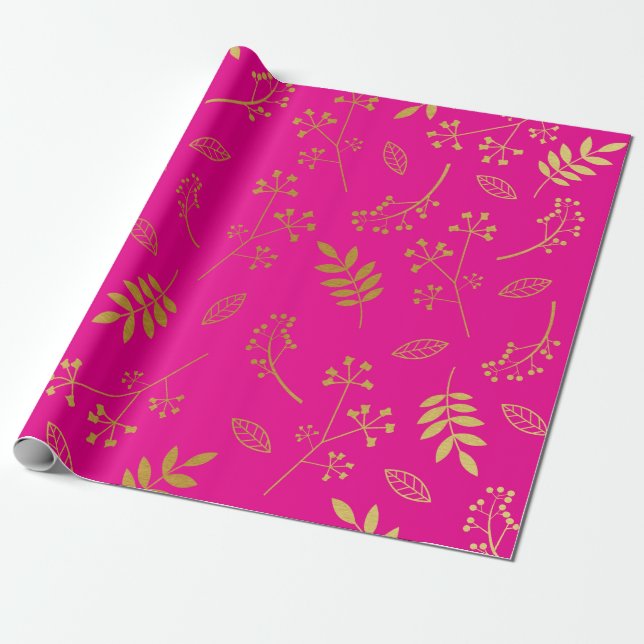 Botanical Floral Leaves Faux Gold Foil Hot Pink Wrapping Paper (Unrolled)