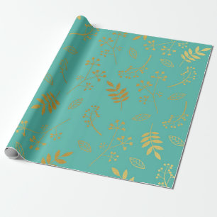 Botanical Floral Leaves Faux Gold Foil Teal Blue Wrapping Paper