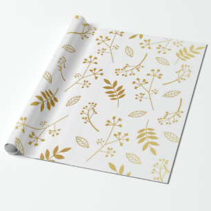 Botanical Floral Leaves Faux Gold Foil White Wrapping Paper