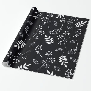 Botanical Floral Leaves Greenery White and Black Wrapping Paper