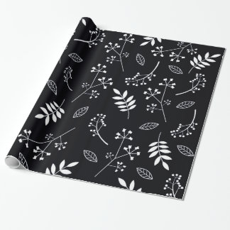 Botanical Floral Leaves Greenery White and Black Wrapping Paper