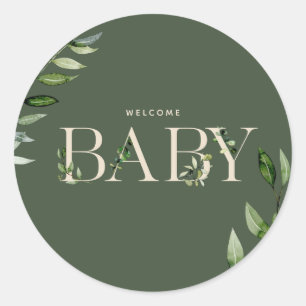 Botanical Floral Lettering Green Beige Baby Classic Round Sticker