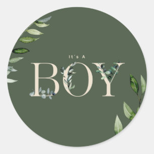 Botanical Floral Lettering Green Beige Boy Baby Classic Round Sticker