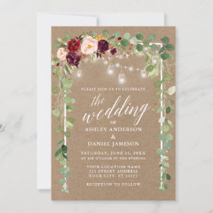 Botanical Floral Lights Calligraphy Wedding Kraft Invitation