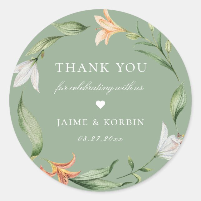 Botanical Floral Lily Wreath Sage Wedding Favour Classic Round Sticker (Front)