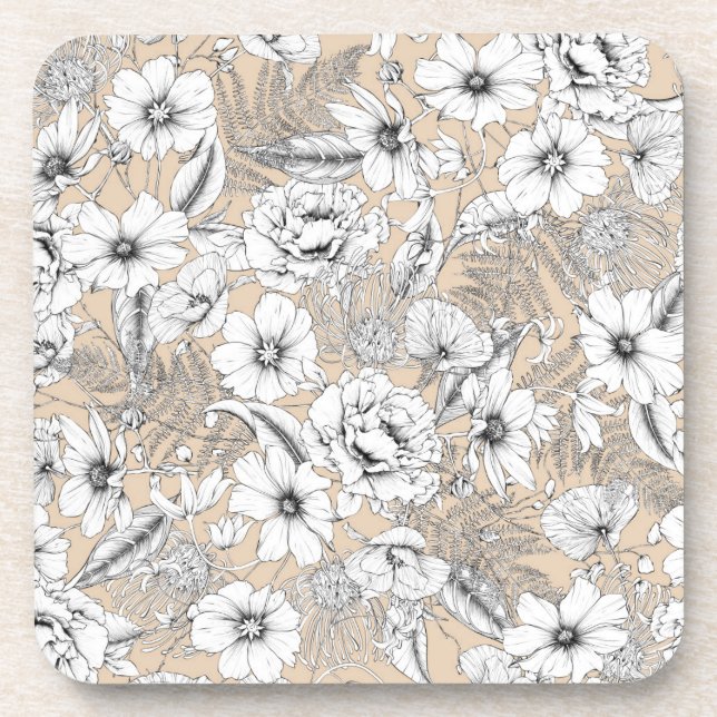 Botanical floral line drawing ferns tan beige  coaster (Front)