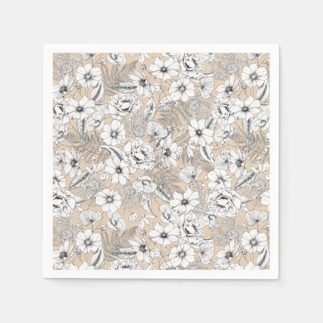 Botanical floral line drawing ferns tan beige  napkin (Front)