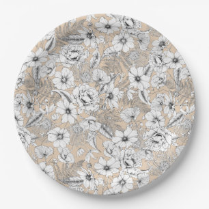 Botanical floral line drawing ferns tan beige paper plate