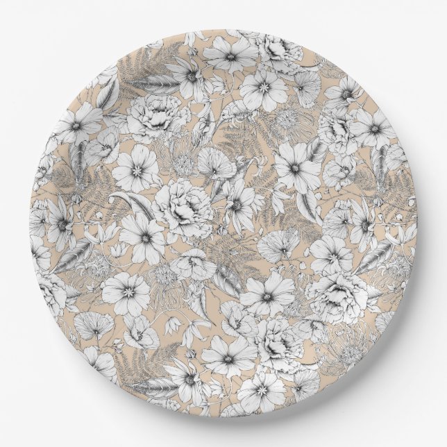Botanical floral line drawing ferns tan beige paper plate (Front)
