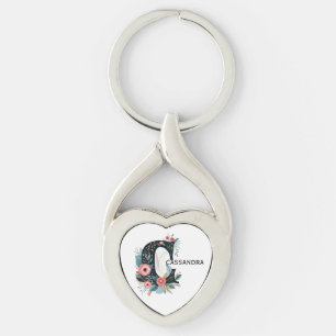 Botanical Floral Monogram Letter C Personalizable Key Ring