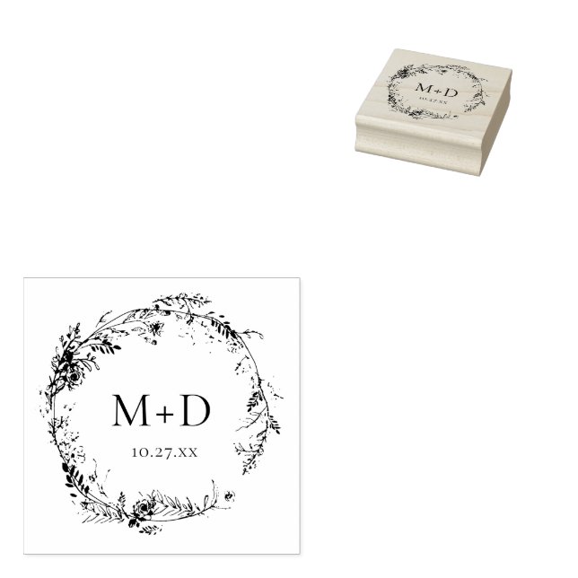 Botanical Floral Monogram Wedding Rubber Stamp (Stamped)