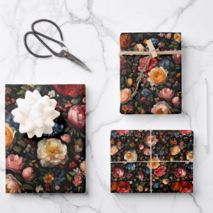 Botanical Floral Moody Baroque Antique Dutch Black Wrapping Paper Sheet