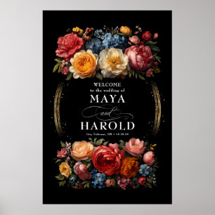 Botanical Floral Moody Black Wedding Welcome Poster