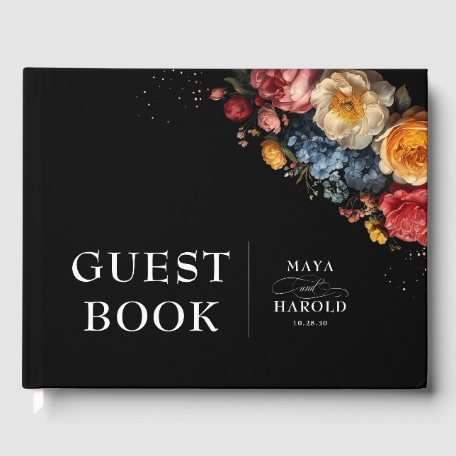 Botanical Floral Moody Vintage Wedding Black Guest Book (Front)
