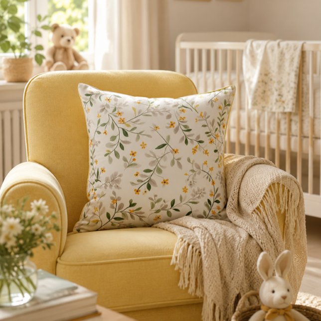 Botanical Floral Nursery Throw Pillow Cushion (Soft botanical floral pillow for a warm, timeless nursery and cozy home decor.)