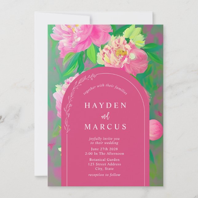 Botanical Floral Painting Pink Arch Wedding Invitation (Front)