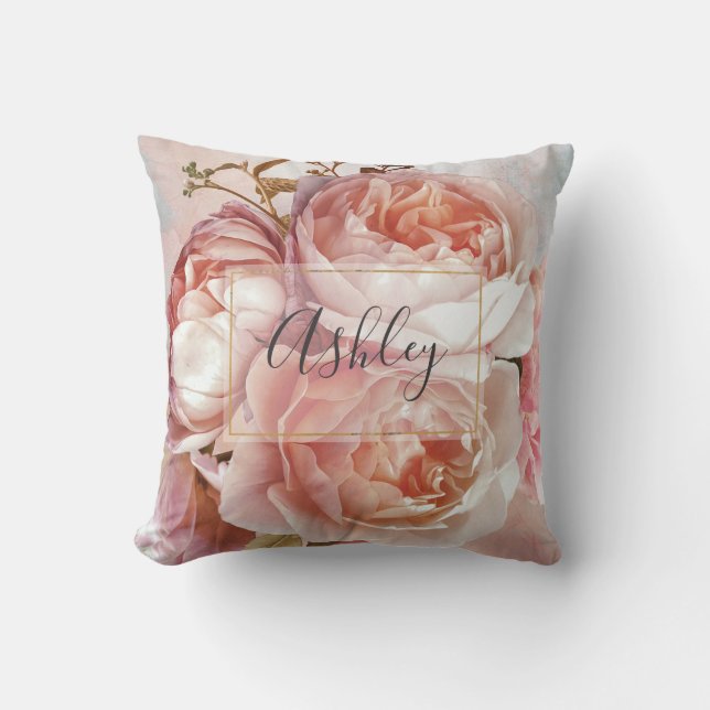 BOTANICAL FLORAL PEONY Name Monogram Cushion (Front)
