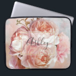 BOTANICAL FLORAL PEONY Name Monogram Laptop Sleeve<br><div class="desc">BOTANICAL FLORAL PEONY Name Monogram computer sleeve - Perserve your computer in style with this gorgeous design featuring a beautiful bouquet of pink roses and peony, over a beautiful pink and blue watercolor background. An elegant, white screened layer bordered by an inner faux gold leaf stroke frames the name, in...</div>