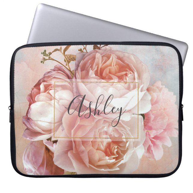 BOTANICAL FLORAL PEONY Name Monogram Laptop Sleeve (Front)