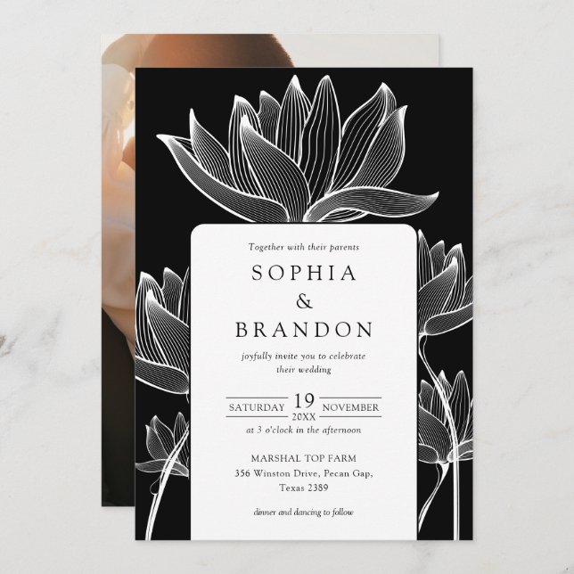 Botanical Floral Photo Black And White Wedding Invitation (Front/Back)