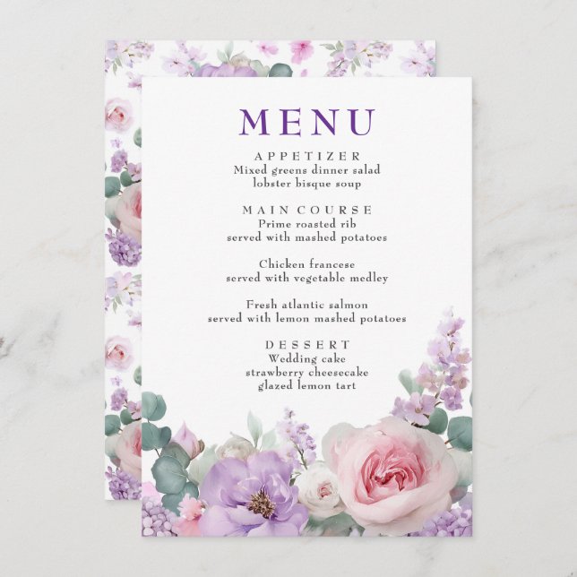 Botanical Floral Purple and Pink Wedding Menu (Front/Back)
