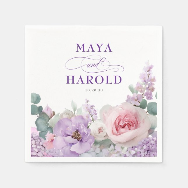 Botanical Floral Purple and Pink Wedding Napkin (Front)