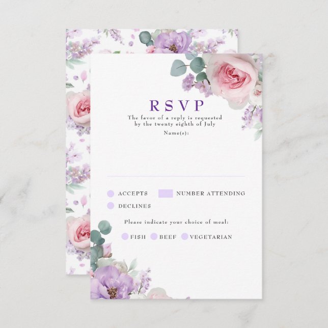 Botanical Floral Purple Pink Wedding RSVP Cards (Front/Back)