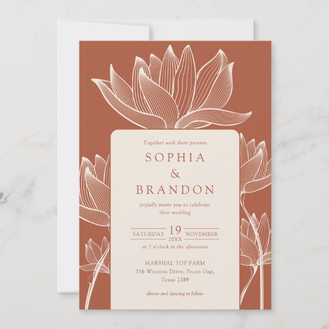 Botanical Floral QR Code Terracotta Wedding Invitation (Front)