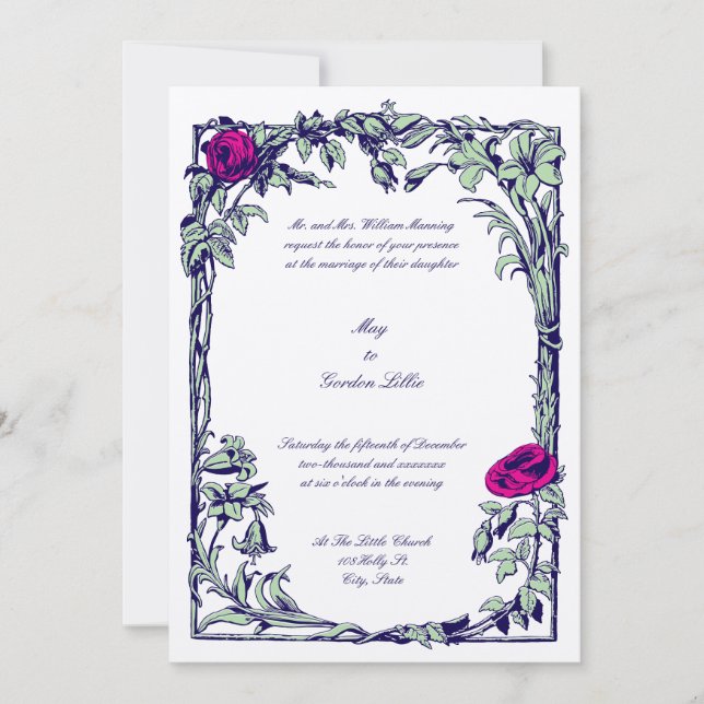 Botanical Floral Rose Vine Border Wedding Invitation (Front)