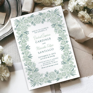 Botanical Floral Sage Mint Emerald Green Wedding Invitation