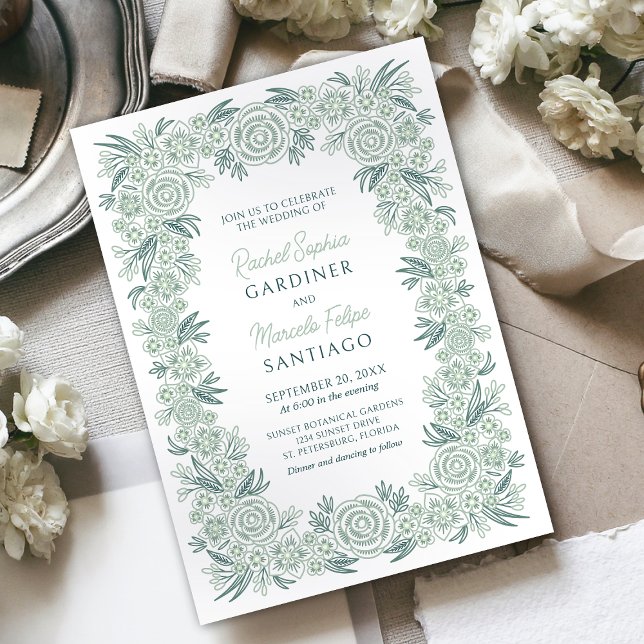 Botanical Floral Sage Mint Emerald Green Wedding Invitation (Creator Uploaded)