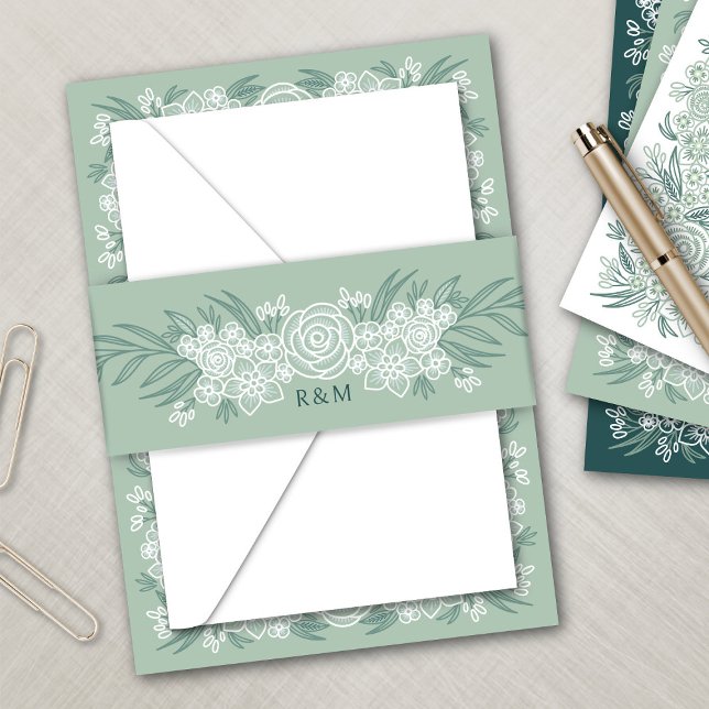 Botanical Floral Sage Mint Emerald Green Wedding Invitation Belly Band (Creator Uploaded)