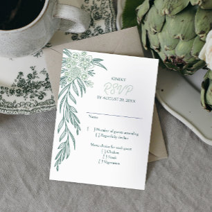 Botanical Floral Sage Mint Emerald Green Wedding RSVP Card