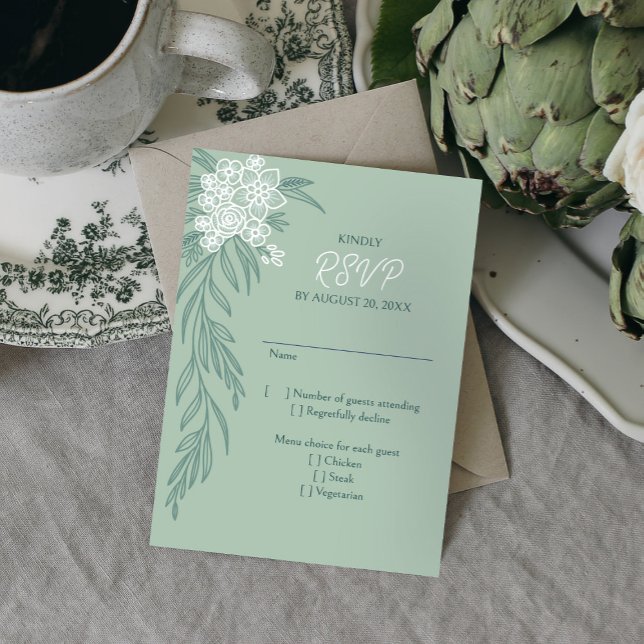 Botanical Floral Sage Mint Emerald Green Wedding RSVP Card (Creator Uploaded)
