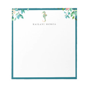 Botanical Floral Seahorse Logo Blue Frame Notepad