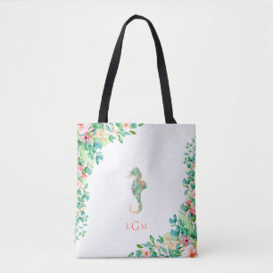Botanical Floral Seahorse Monogram Tote Bag