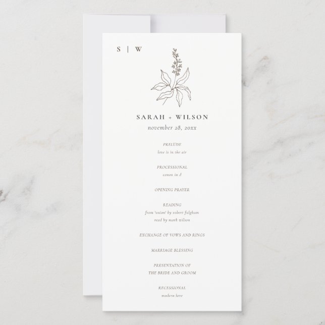 Botanical Floral Sketch Monogram Wedding Program Thank You Card (Front)