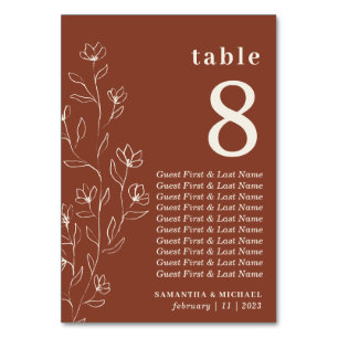 Botanical Floral Sketch Terracotta Seating names Table Number