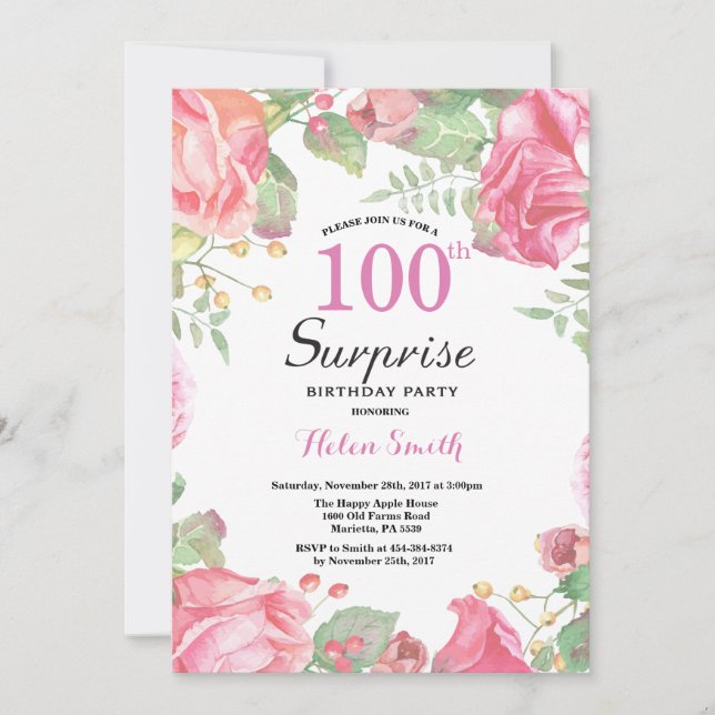 Botanical Floral Surprise 100th Birthday Invitation (Front)