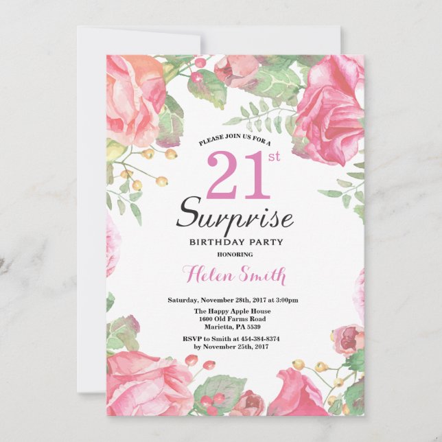 Botanical Floral Surprise 21st Birthday Invitation (Front)